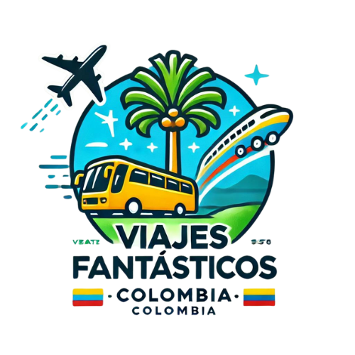 Logotipo de Viajes Fantásticos con una palmera, un avión, un tren y un bus, representando los diversos modos de viaje en Colombia.